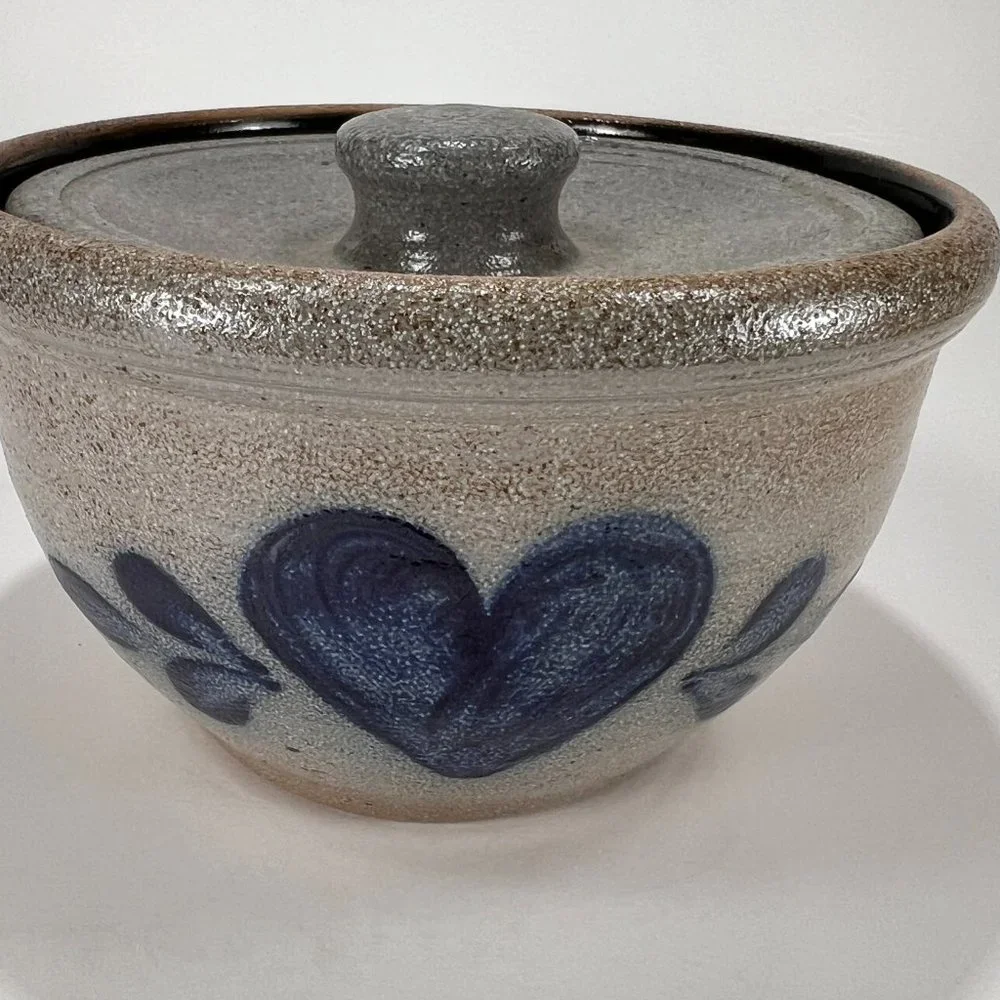 Vtg Rowe Pottery Works Butter Dish Crock Lid Stoneware Salt Glazed 80s